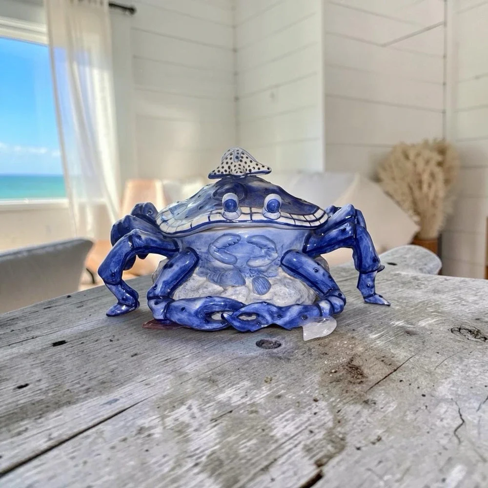 Diane Allen Stoneware Blue And White Ceramic Crab Rare 2002 Lidded Dish Seashore